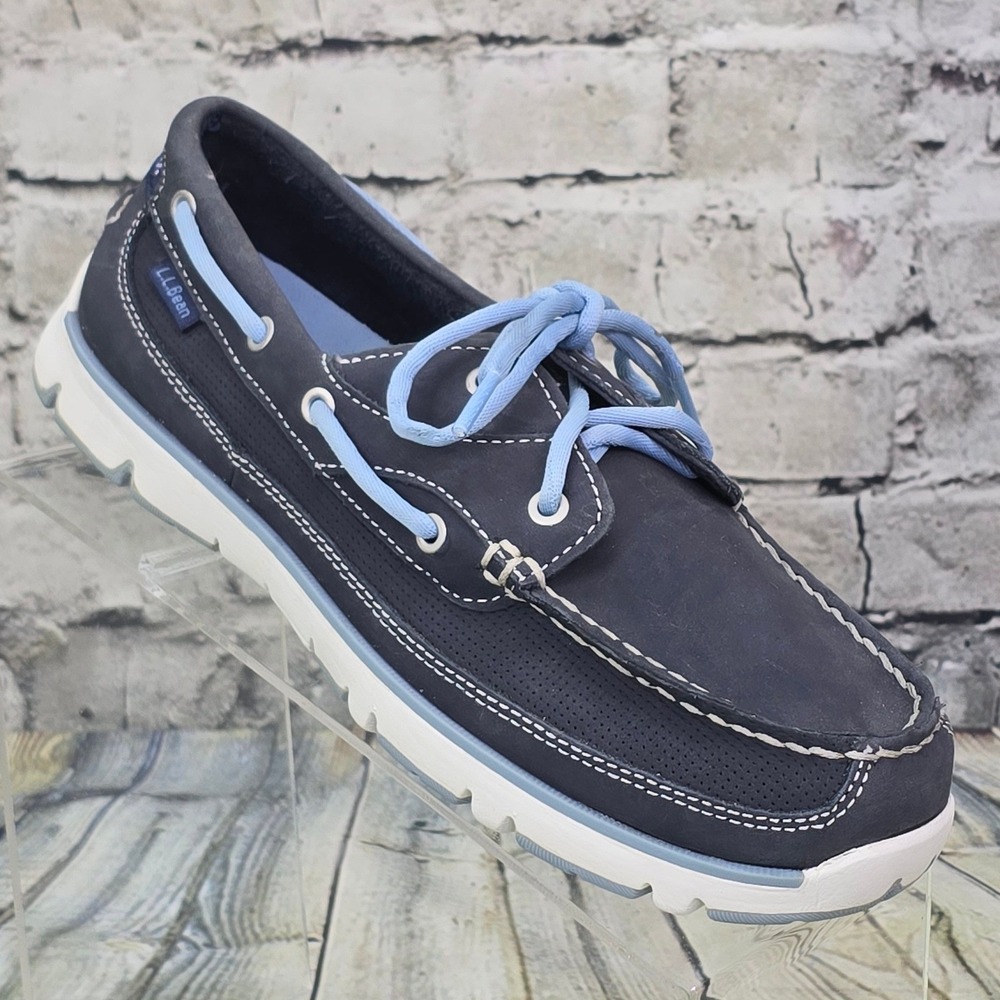 LL Bean Portlander Boat Shoes Womens 8 Medium Blue Leather Nautical Flag 293451